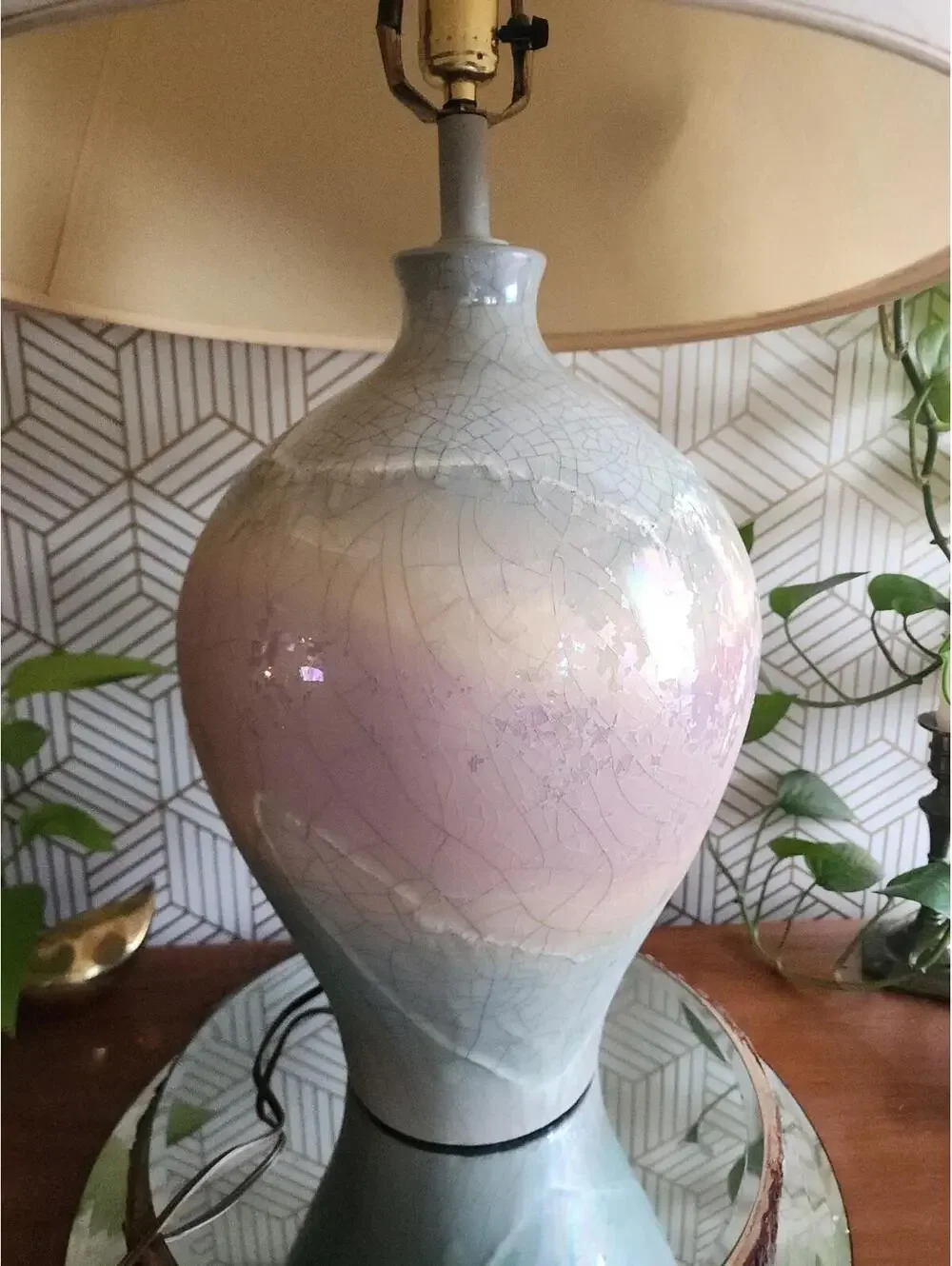 1980s Raku Glazed Ceramic Rainbow 3 way Table Lamp Made by Sunset Lamp Company